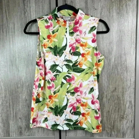 Tommy Bahama Top Medium Floral Sleeveless 1/4 Zip Tropical Active - Picture 1 of 6